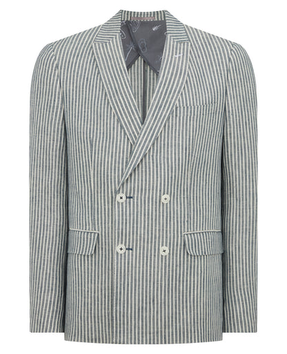 Man wearing a navy Slim Fit Linen-Blend Double-Breasted Pinstripe Jacket