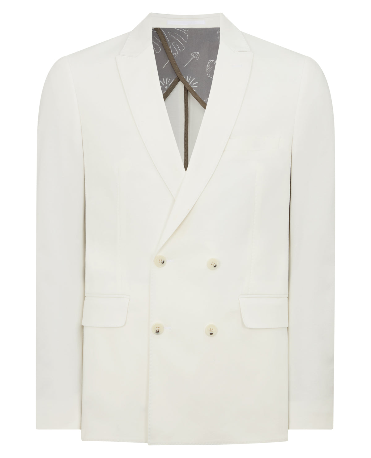 Man wearing a white Slim Fit Cotton-Stretch Double-Breasted Jacket