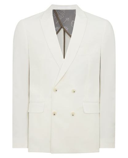 Man wearing a white Slim Fit Cotton-Stretch Double-Breasted Jacket