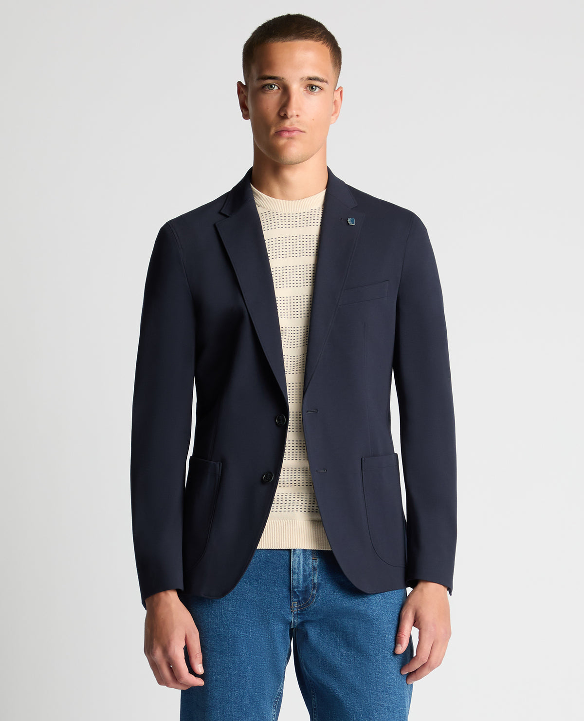 Man wearing a navy Slim Fit Stretch Jacket