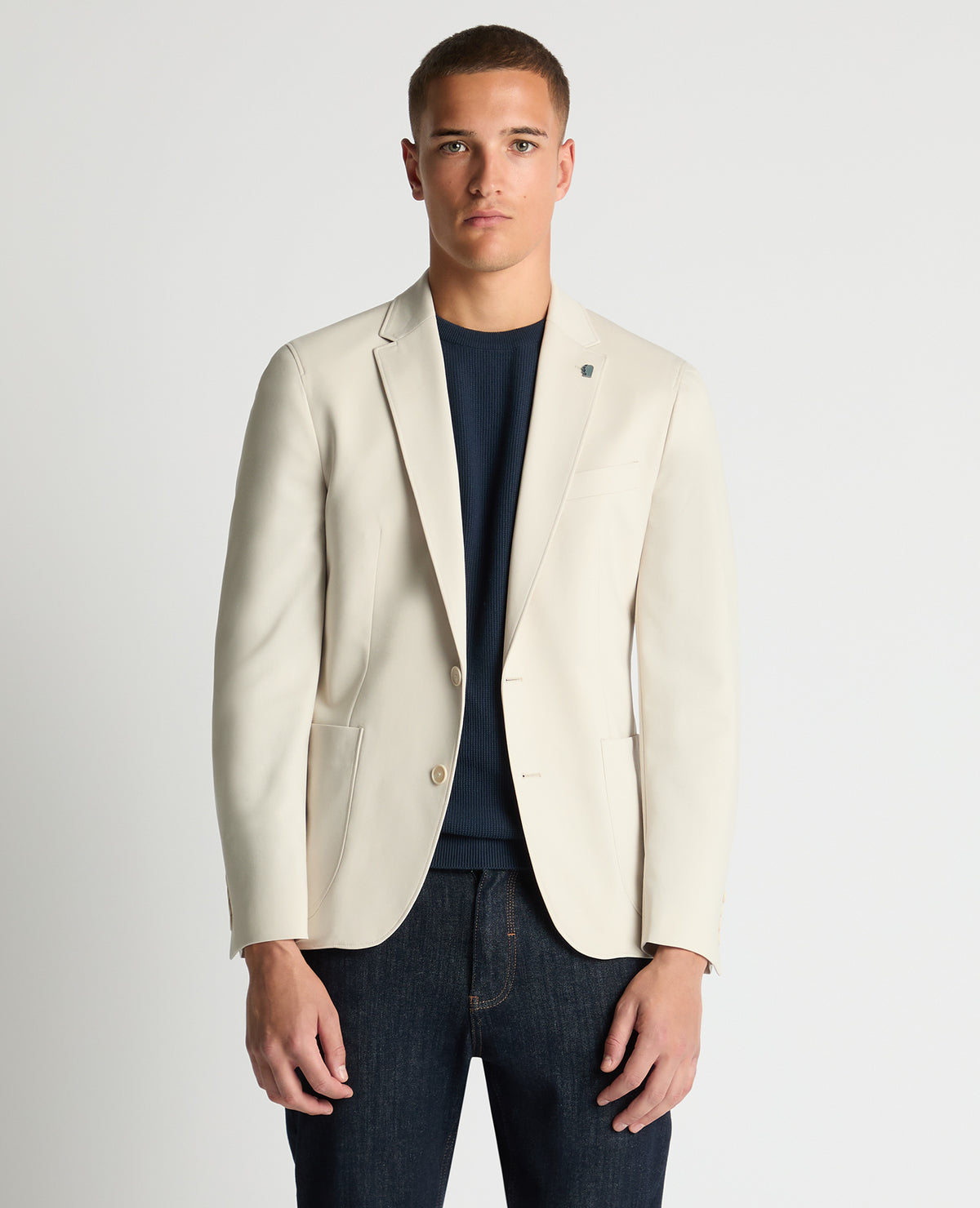 Man wearing a sand Slim Fit Stretch Jacket