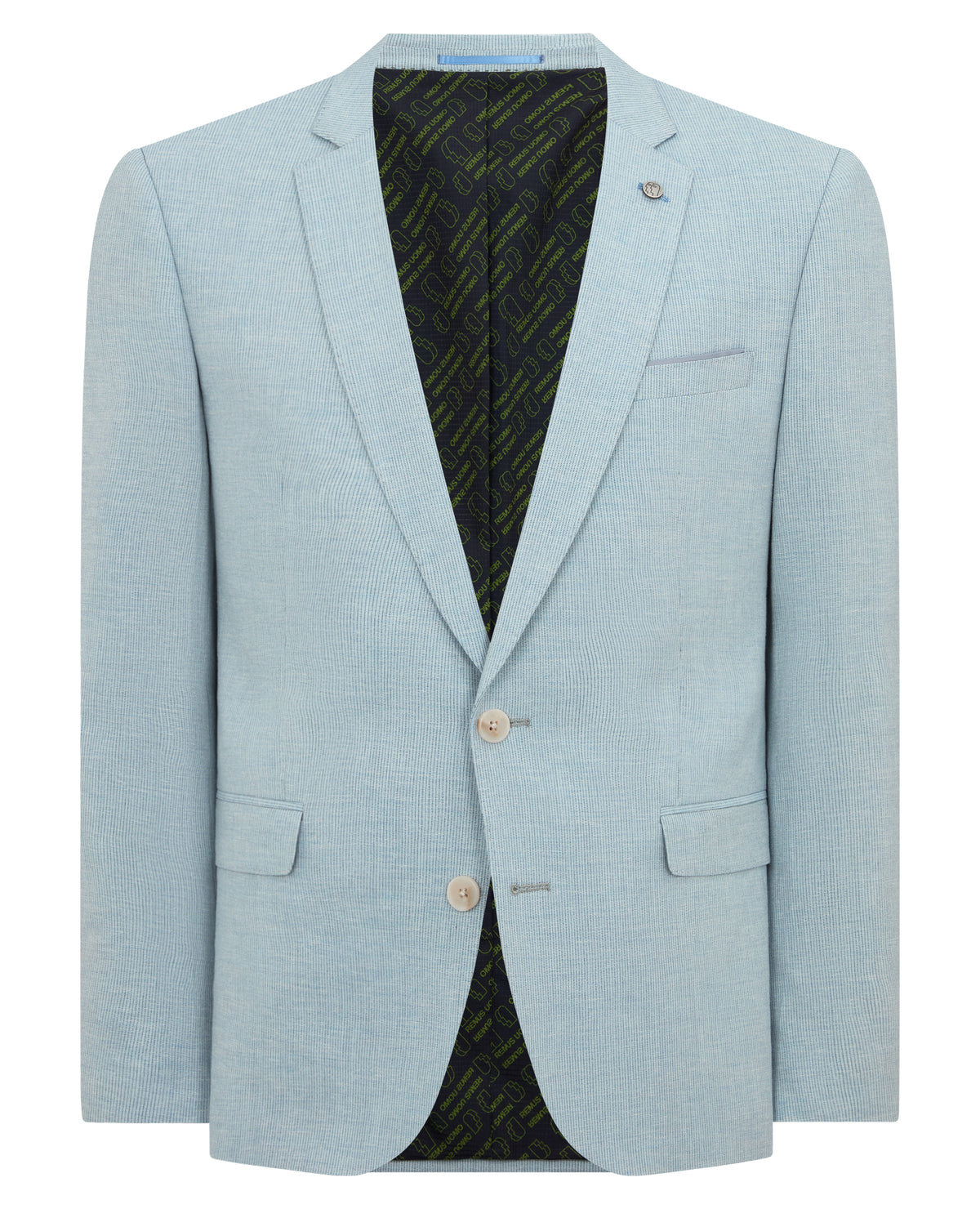 Man wearing a blue Slim Fit Linen-Blend Micro Pinstripe Suit Jacket