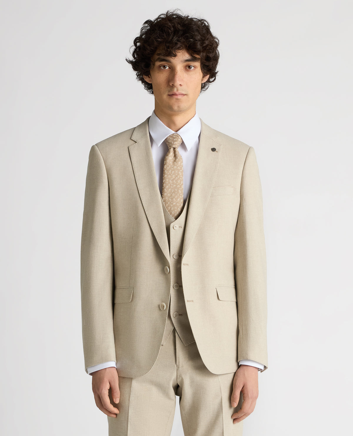 Man wearing a sand Slim Fit Linen-Blend Micro Pinstripe Suit Jacket