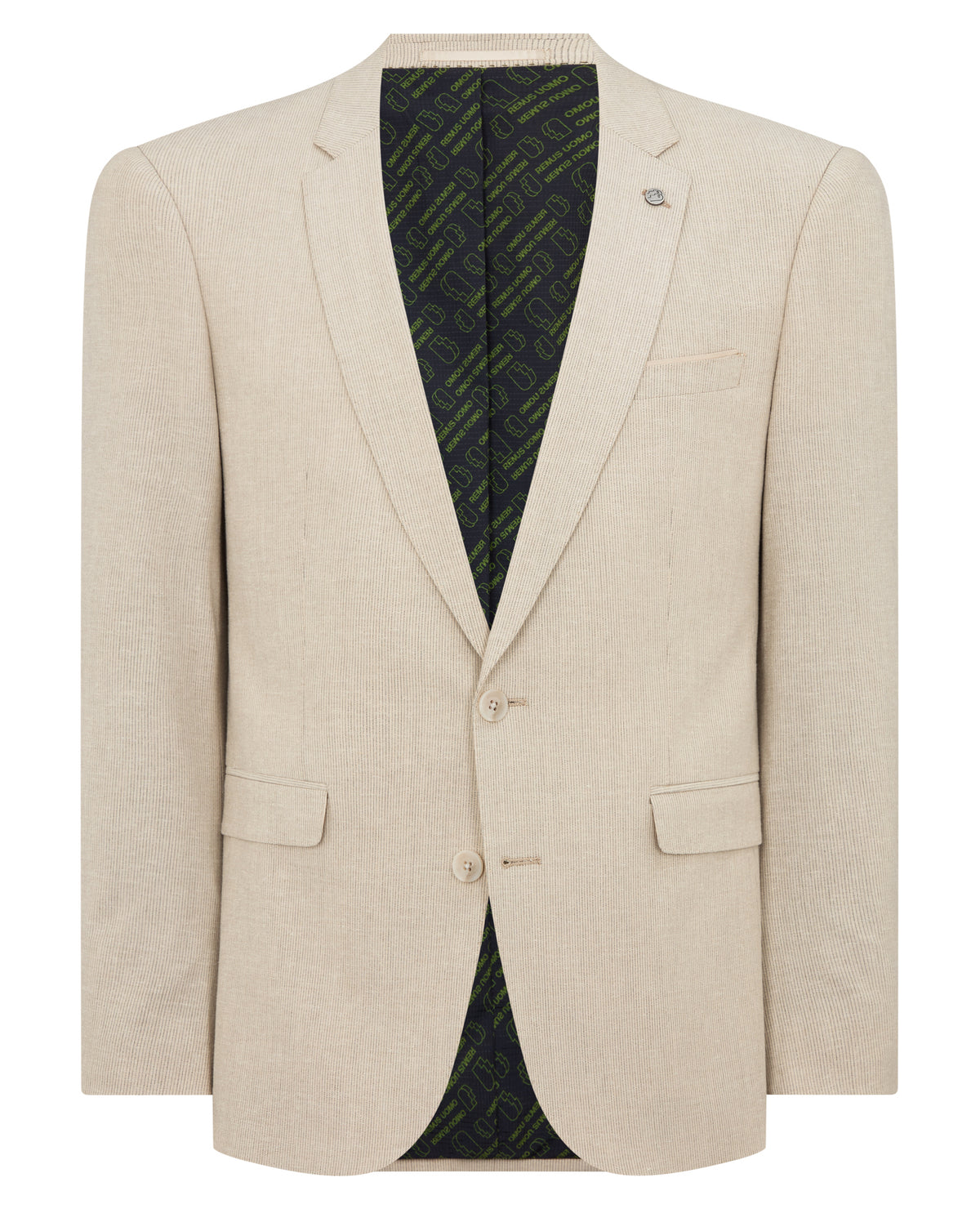 Man wearing a sand Slim Fit Linen-Blend Micro Pinstripe Suit Jacket