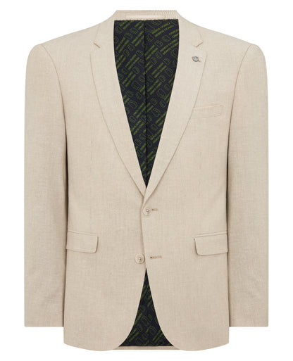 Man wearing a sand Slim Fit Linen-Blend Micro Pinstripe Suit Jacket