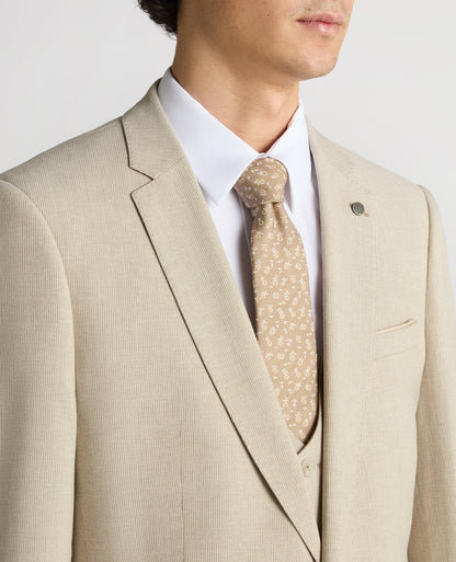 Man wearing a sand Slim Fit Linen-Blend Micro Pinstripe Suit Jacket