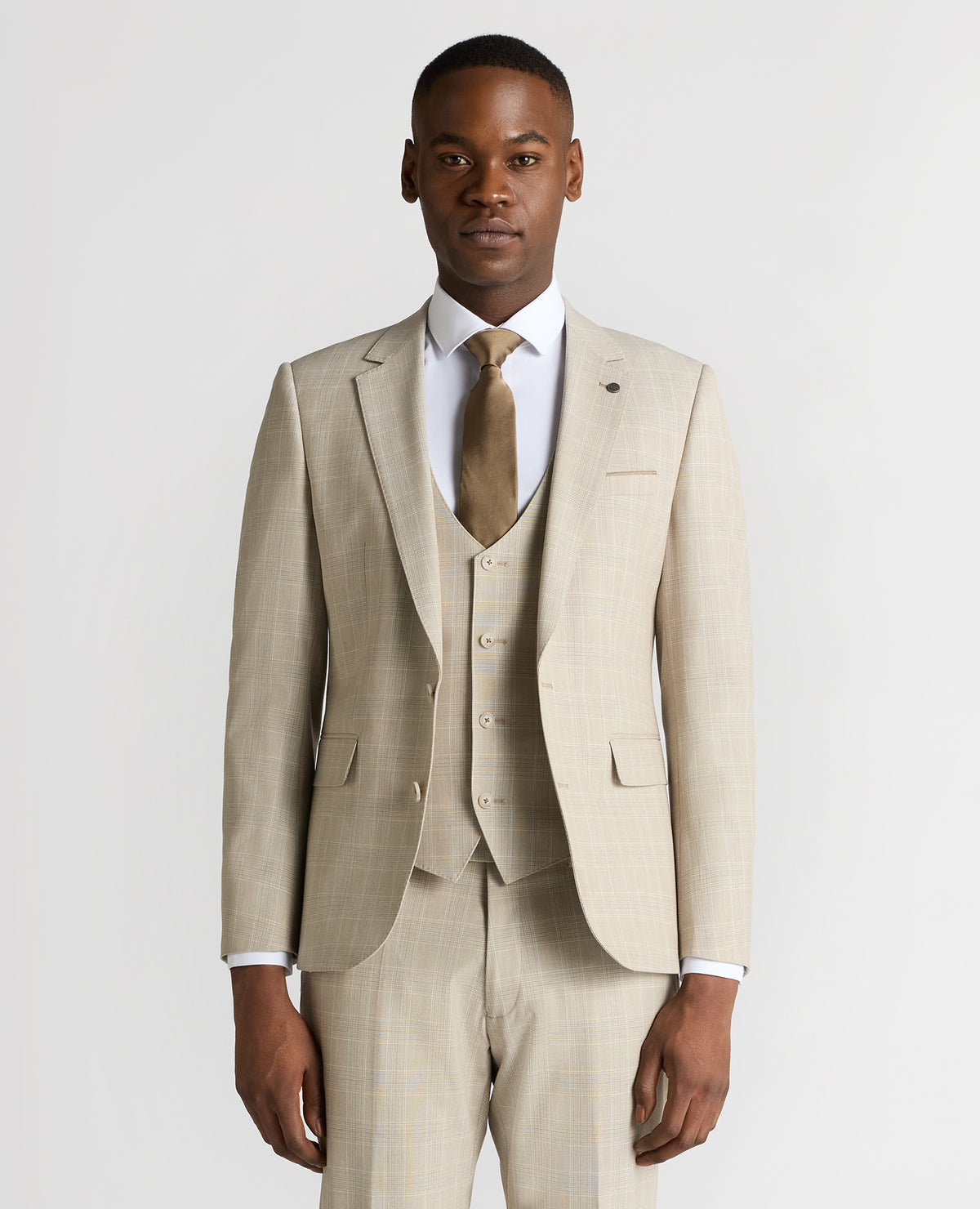Man wearing a sand Slim Fit Checked Stretch Suit