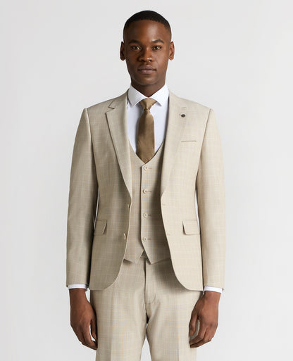 Man wearing a sand Slim Fit Checked Stretch Suit