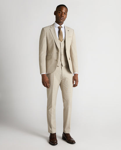 Man wearing a sand Slim Fit Checked Stretch Suit