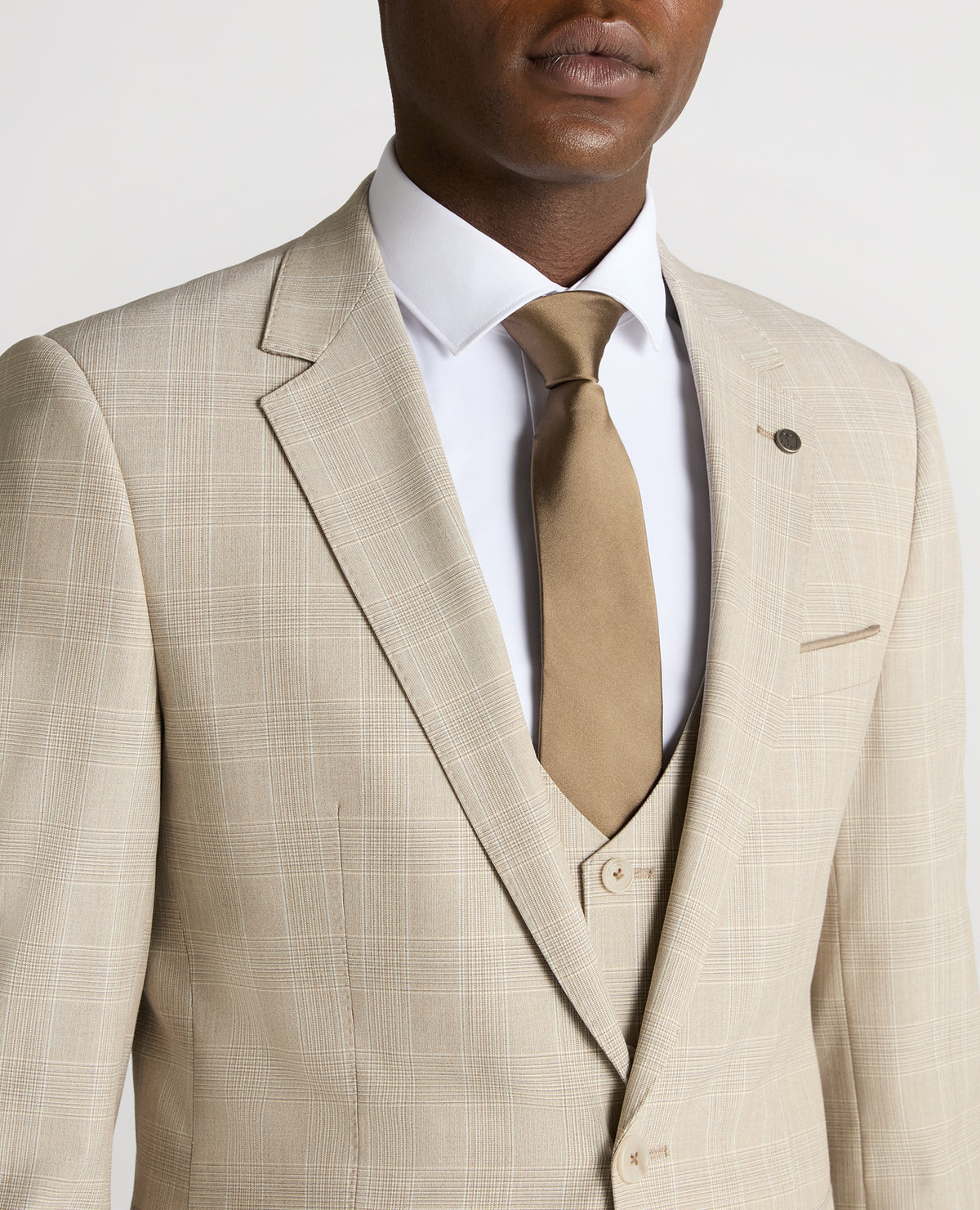 Man wearing a sand Slim Fit Checked Stretch Suit