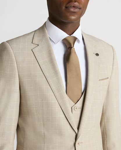 Man wearing a sand Slim Fit Checked Stretch Suit