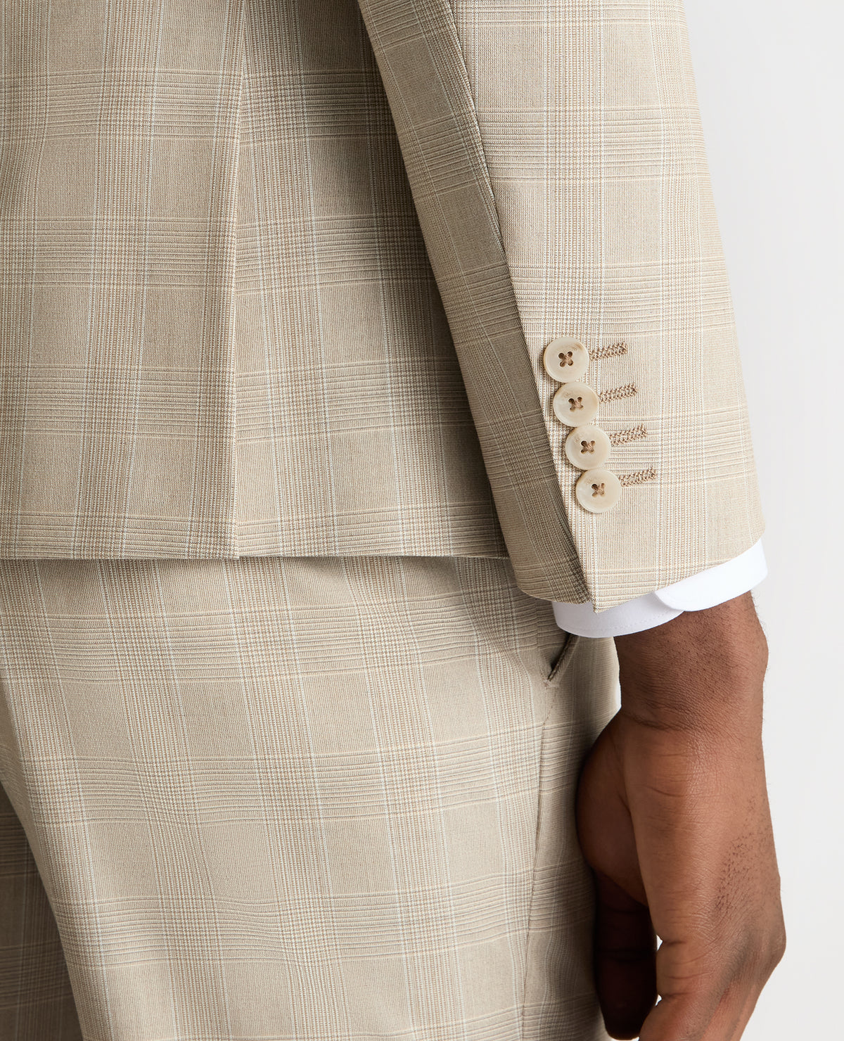 Man wearing a sand Slim Fit Checked Stretch Suit