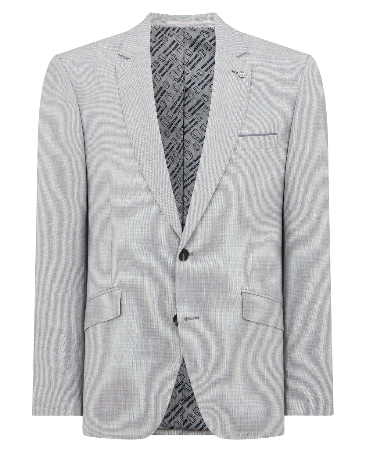Man wearing a blue Tapered Fit Micro Houndstooth Suit Jacket