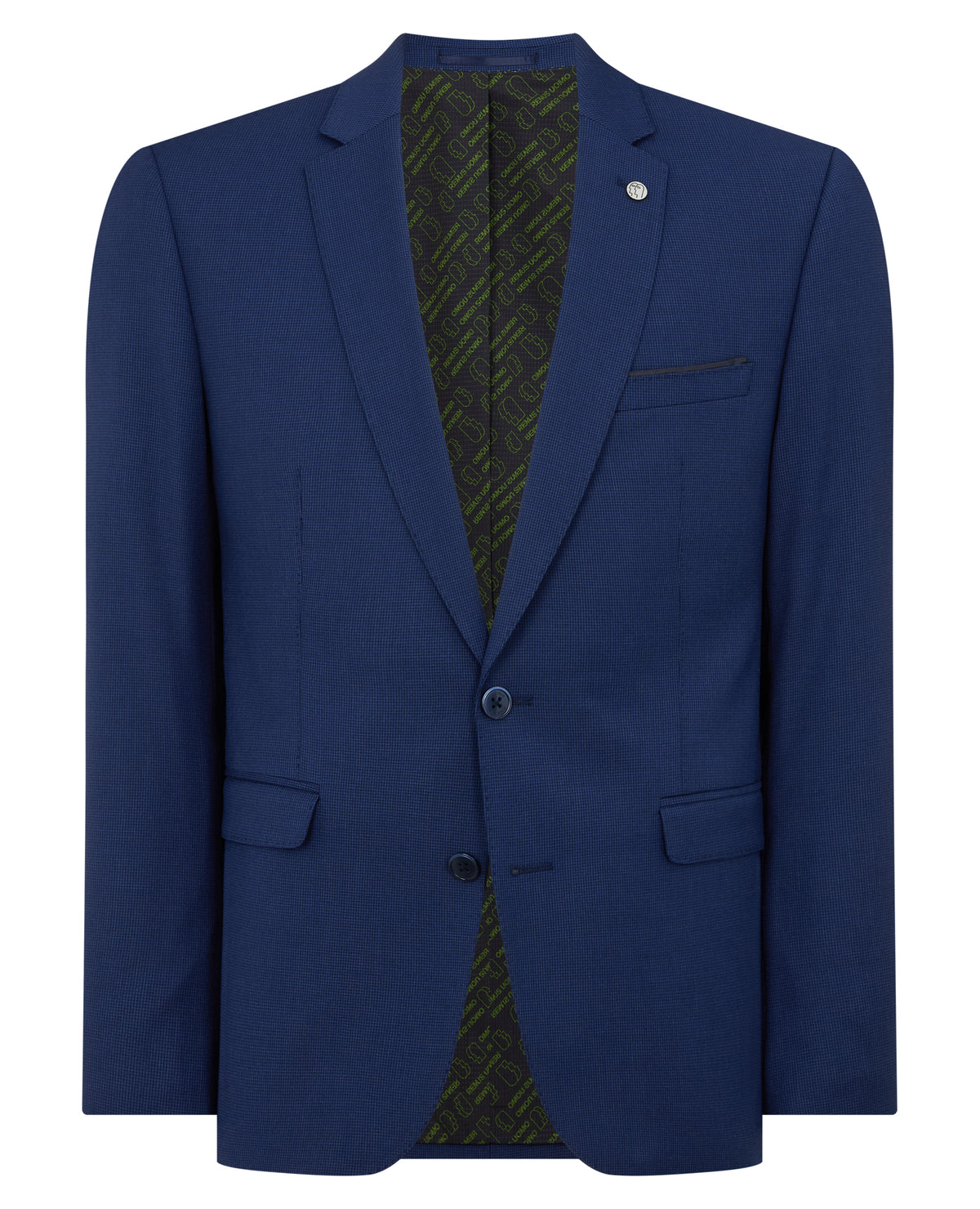 Man wearing a blue Slim Fit Micro Check Stretch Suit Jacket
