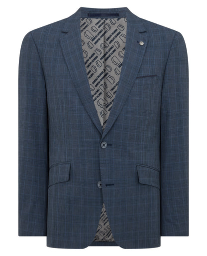 Man wearing a blue Tapered Fit Checked Stretch Suit Jacket