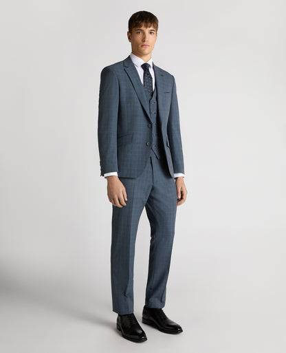 Man wearing a blue Tapered Fit Checked Stretch Suit Jacket