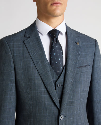 Man wearing a blue Tapered Fit Checked Stretch Suit Jacket
