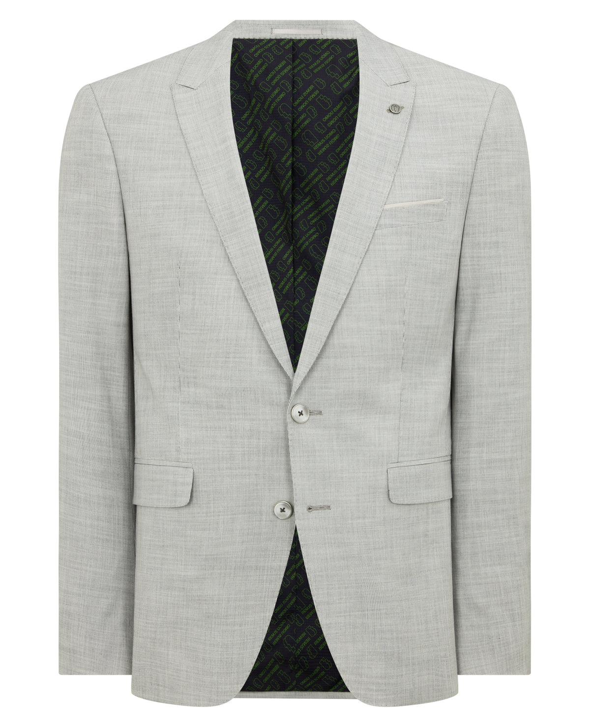 Man wearing a grey Slim Fit Stretch Micro Pinstripe Suit Jacket