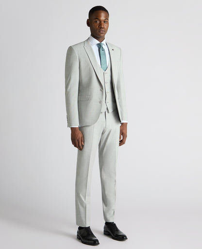 Man wearing a grey Slim Fit Stretch Micro Pinstripe Suit Jacket