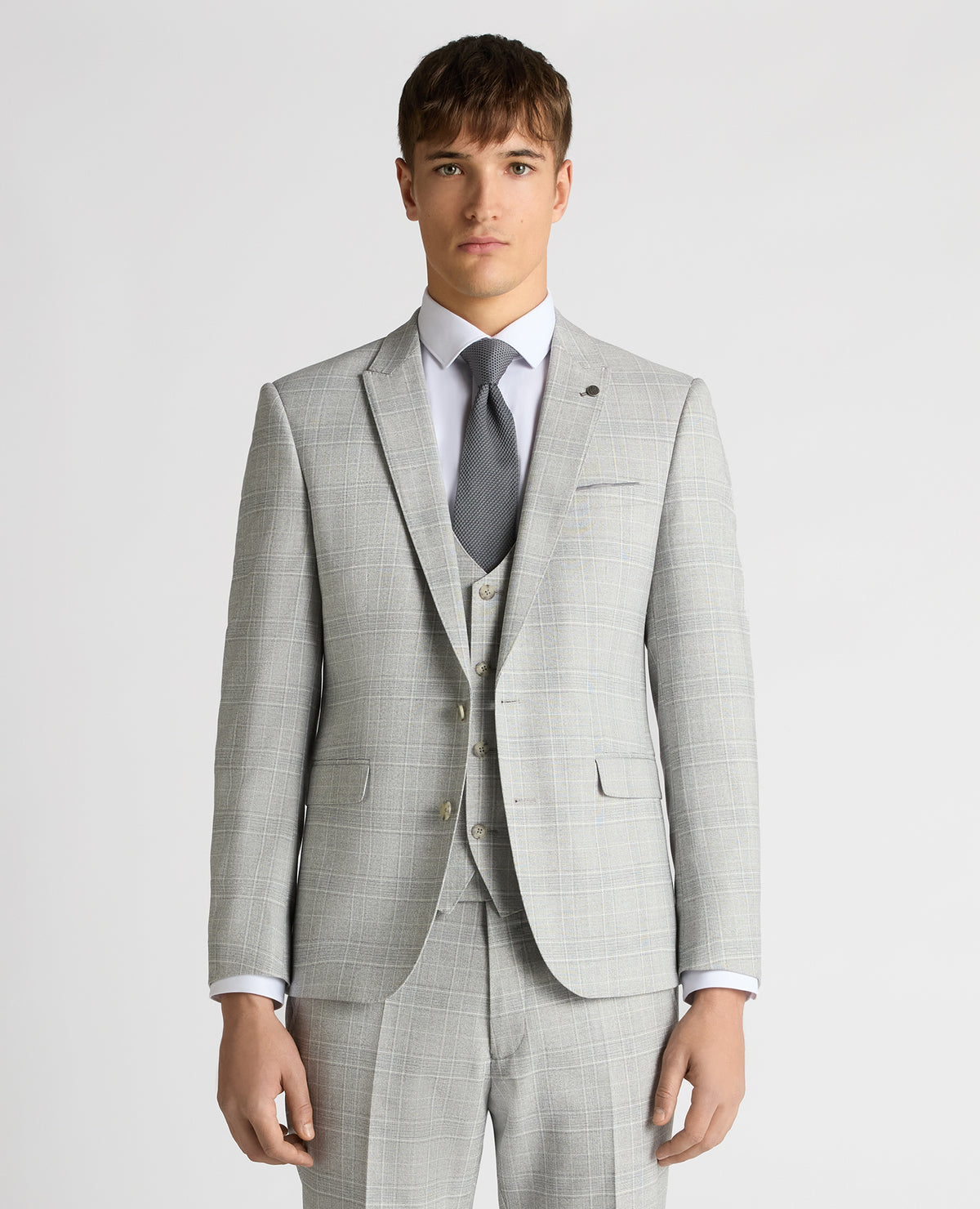 Man wearing a grey Slim Fit Checked Stretch Suit Jacket