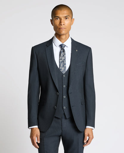 Man wearing a navy Slim Fit Stripe Stretch Jacket