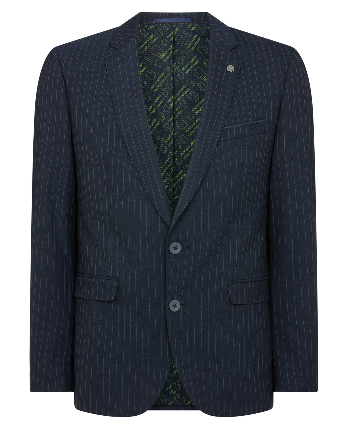Man wearing a navy Slim Fit Stripe Stretch Jacket