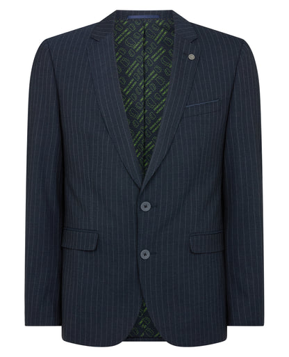 Man wearing a navy Slim Fit Stripe Stretch Jacket