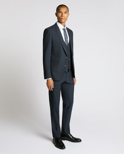 Man wearing a navy Slim Fit Stripe Stretch Jacket