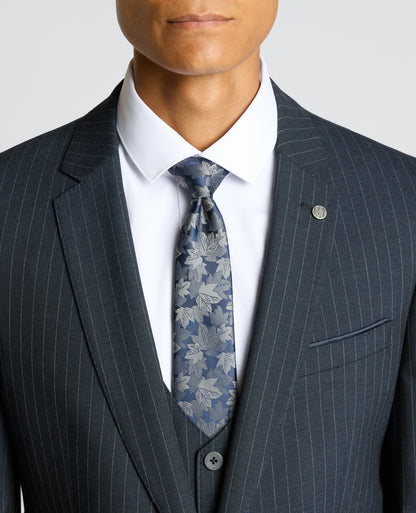 Man wearing a navy Slim Fit Stripe Stretch Jacket
