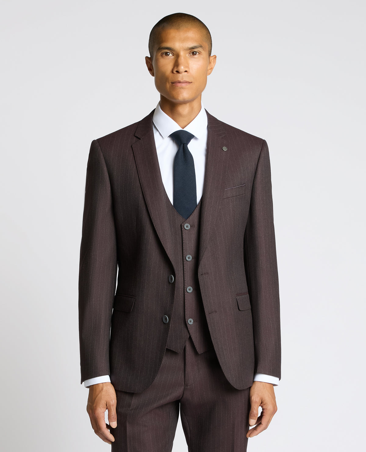 Man wearing a red Slim Fit Stripe Stretch Jacket