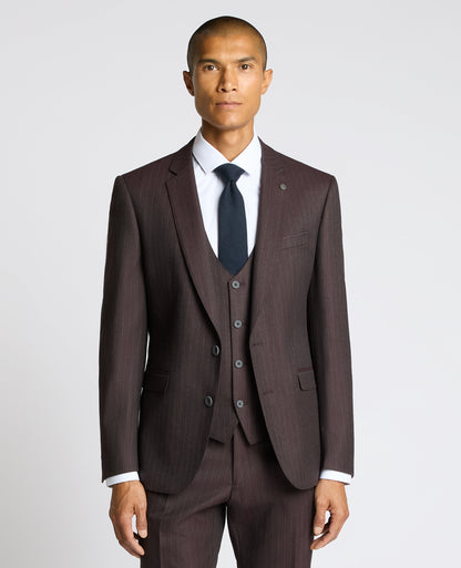Man wearing a red Slim Fit Stripe Stretch Jacket