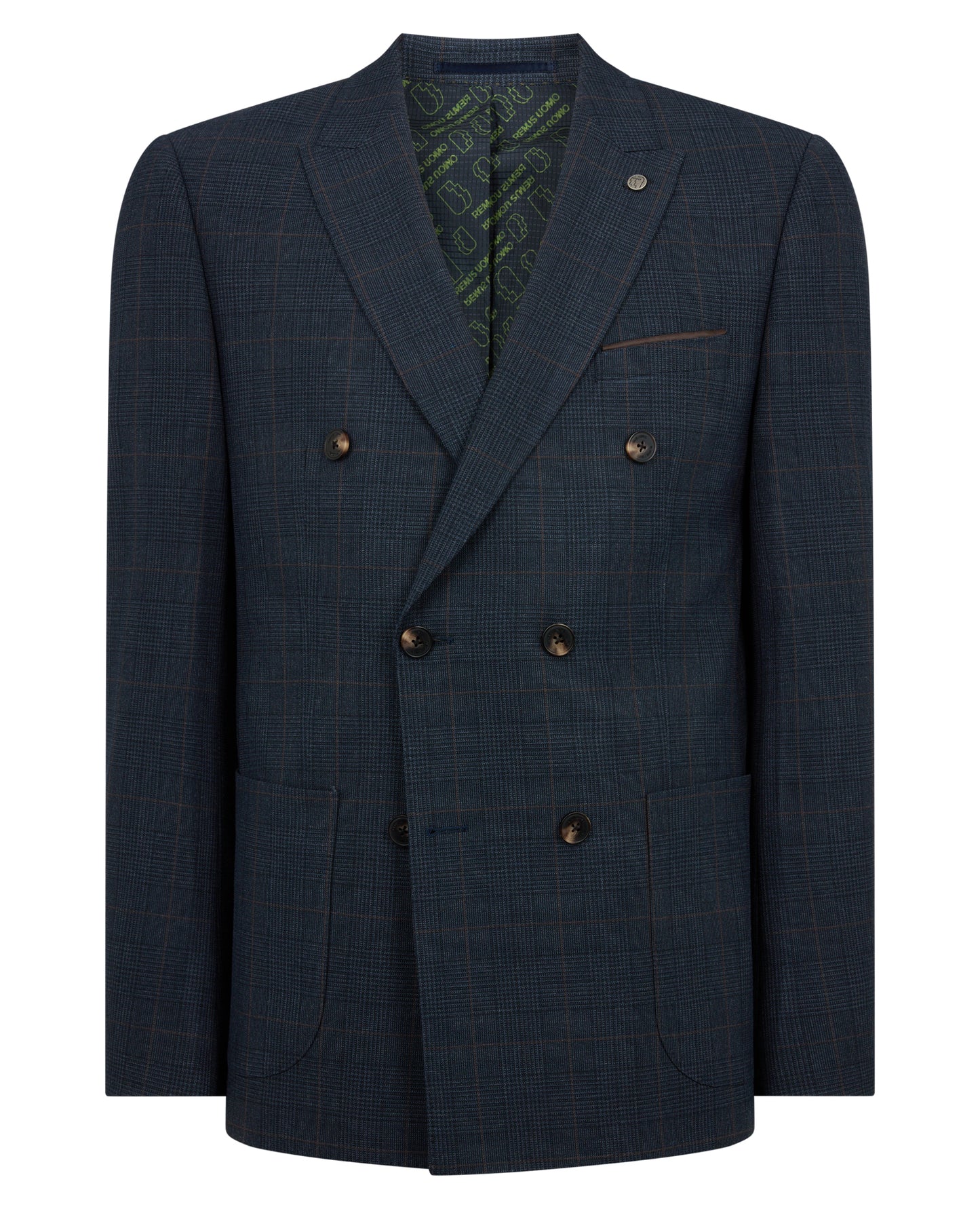 Man wearing a navy Slim Fit Double-Breasted Stretch Jacket