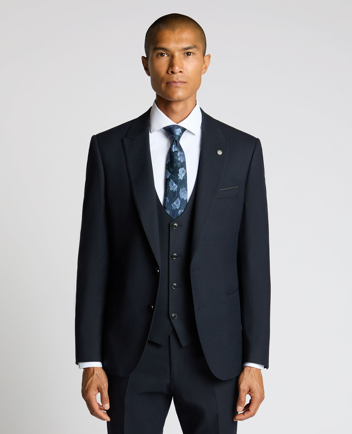 Man wearing a navy Slim Fit Stretch Jacket