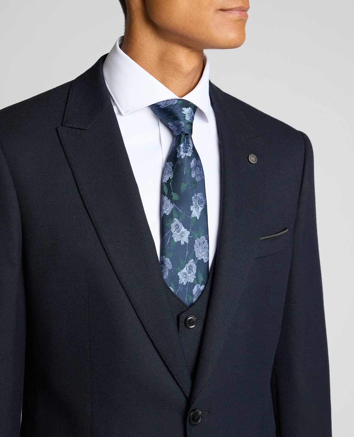 Man wearing a navy Slim Fit Stretch Jacket