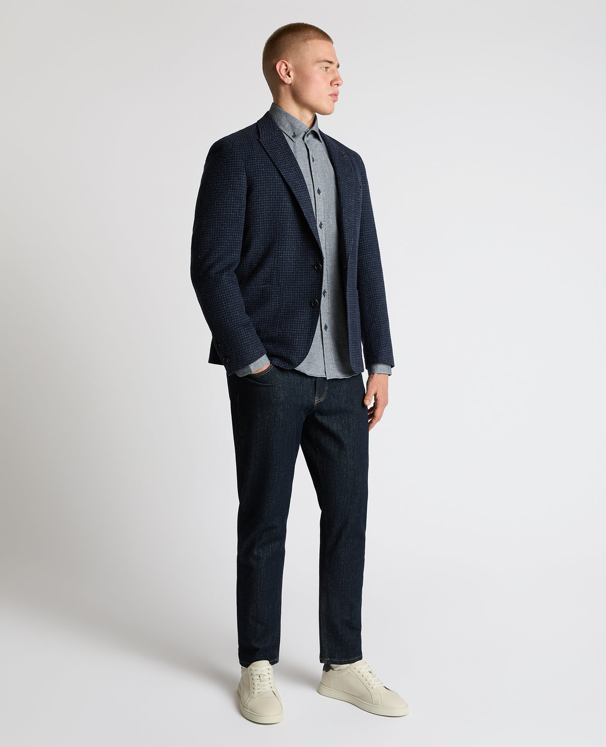 Man wearing a navy Slim Fit Wool-Blend Asti Jacket