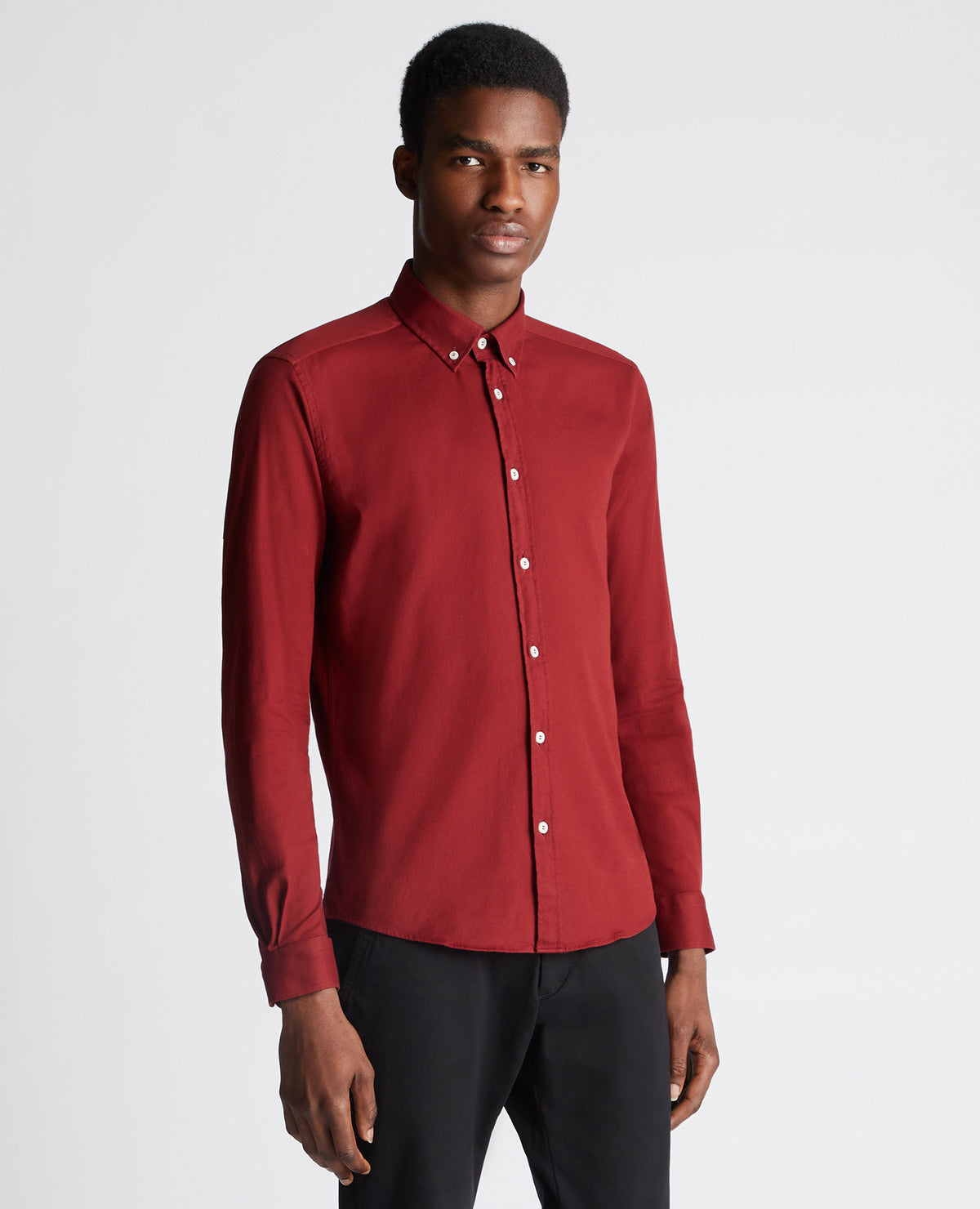 Man wearing a red Slim Fit Cotton Stretch Shirt