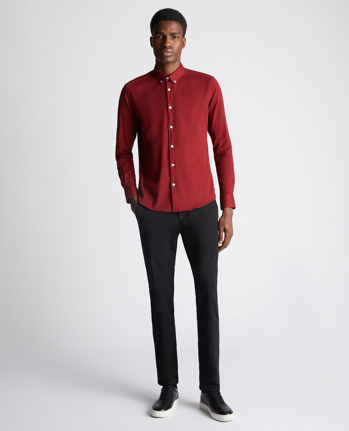Man wearing a red Slim Fit Cotton Stretch Shirt