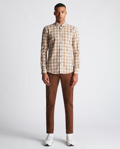 Man wearing a brown Slim Fit Checked Cotton Blend Shirt