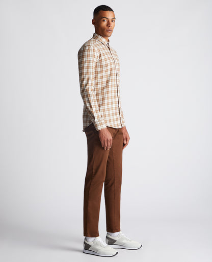 Man wearing a brown Slim Fit Checked Cotton Blend Shirt