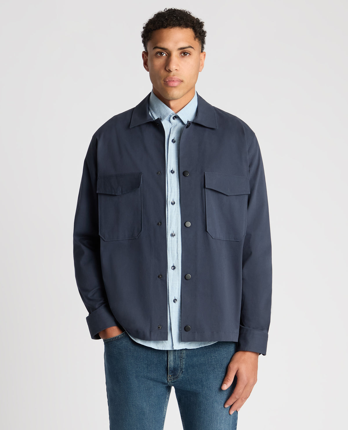 Man wearing a navy Regular Fit Cotton Stretch Overshirt