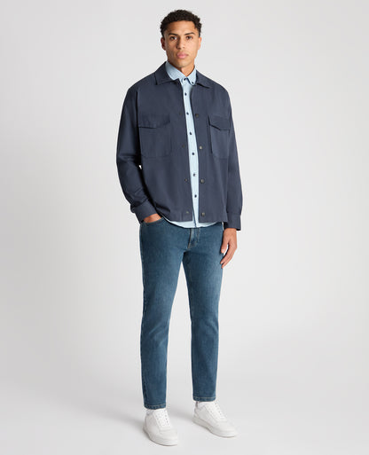 Man wearing a navy Regular Fit Cotton Stretch Overshirt