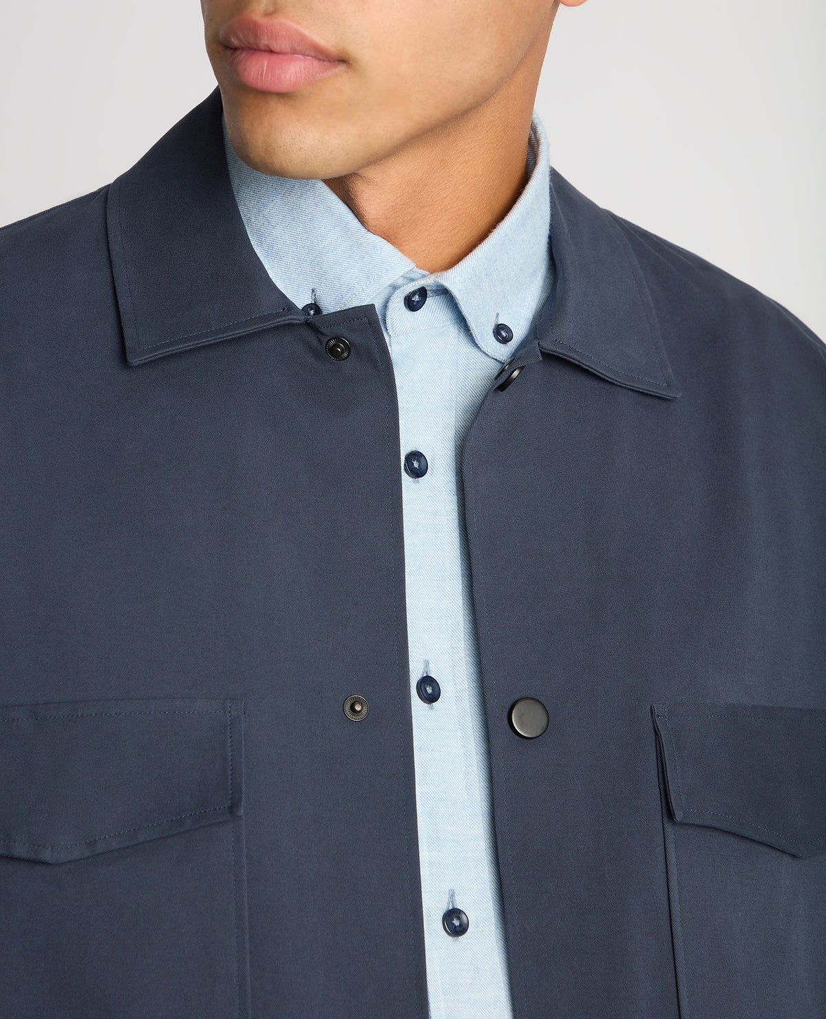 Man wearing a navy Regular Fit Cotton Stretch Overshirt