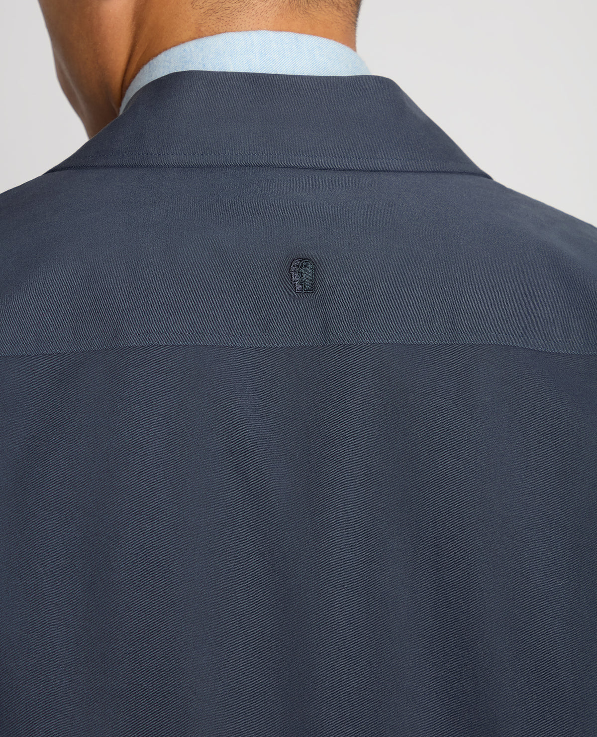 Man wearing a navy Regular Fit Cotton Stretch Overshirt