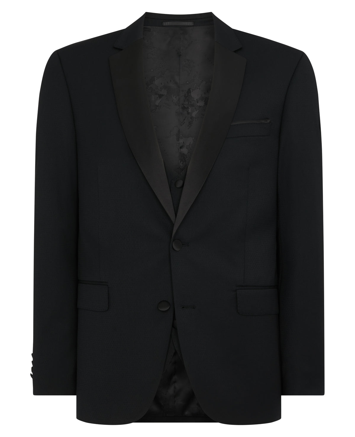Man wearing a black Tapered Wool-Rich Mix and Match Suit