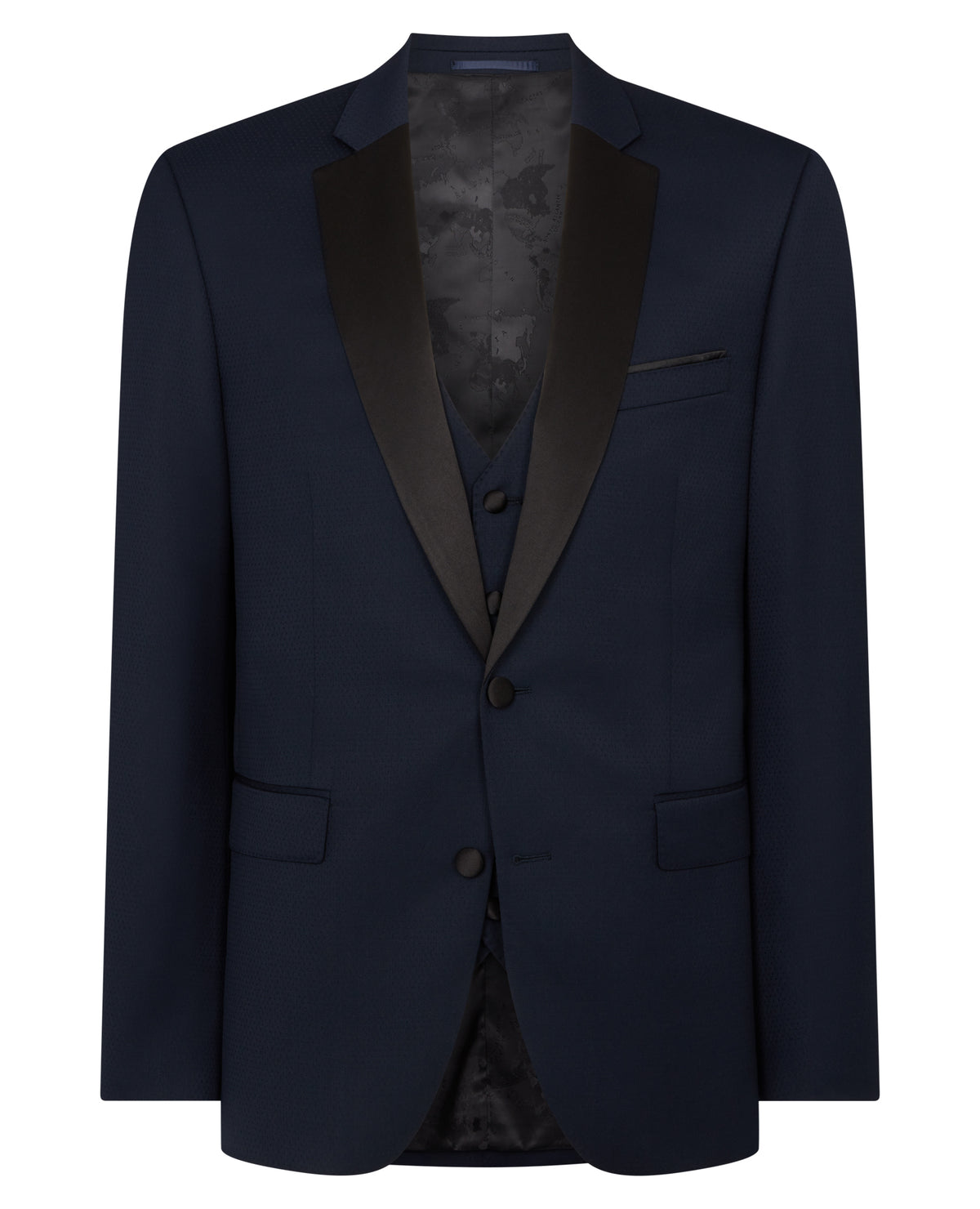 Man wearing a navy Tapered Wool-Rich Mix and Match Suit