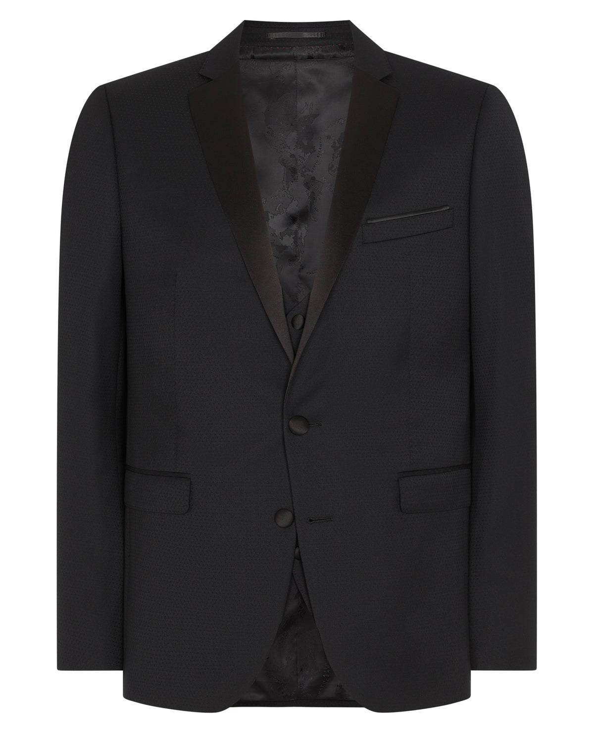 Man wearing a black Slim Fit Wool-Rich Mix and Match Dinner Suit