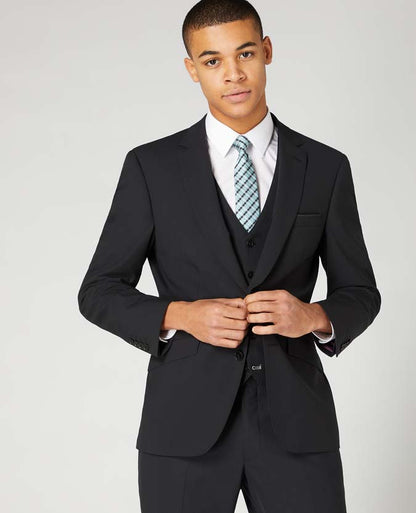 Man wearing a black Tapered Fit Wool-Blend Stretch Mix and Match Suit