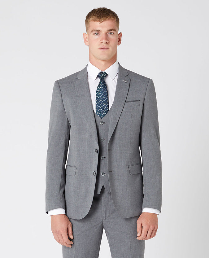 Man wearing a grey Slim Fit Wool-Blend Stretch Mix and Match Suit Jacket