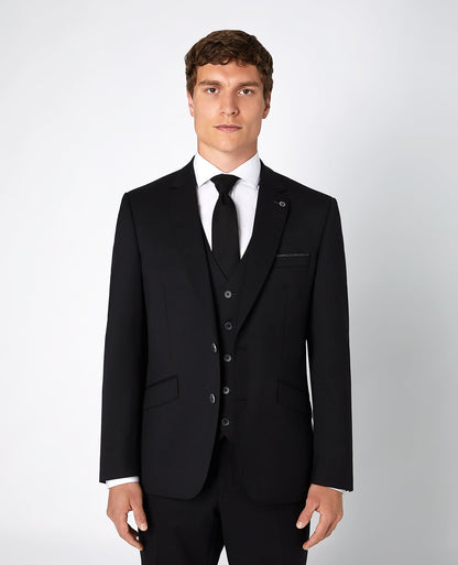 Man wearing a black Tapered Fit Wool-Blend Mix and Match Suit Jacket