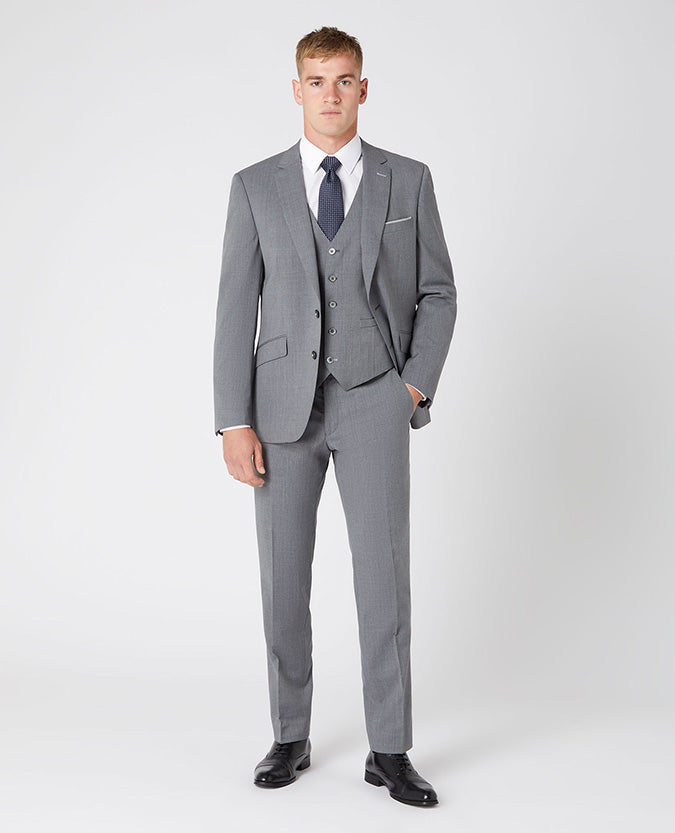Man wearing a grey Tapered Fit Wool-Blend Stretch Mix and Match Suit
